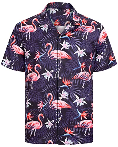 J.VER Herren Hawaiihemd Kurzarm Sommerhemd Casual Flamingo Floral Strandhemd Bügelfrei Button Down Kurzarm Hawaii Shirt Faltenfrei Urlaub Shirt,Schwarz Lila,M von J.VER