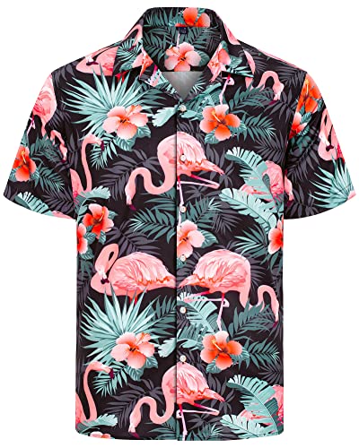 J.VER Herren Hawaiihemd Kurzarm Sommerhemd Casual Flamingo Floral Strandhemd Bügelfrei Button Down Kurzarm Hawaii Shirt Faltenfrei Urlaub Shirt,Schwarze Blume,M von J.VER