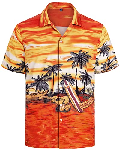 J.VER Herren Hawaiihemd Kurzarm Sommerhemd Casual Flamingo Floral Strandhemd Bügelfrei Button Down Kurzarm Hawaii Shirt Faltenfrei Urlaub Shirt,Strand Orange,3XL von J.VER