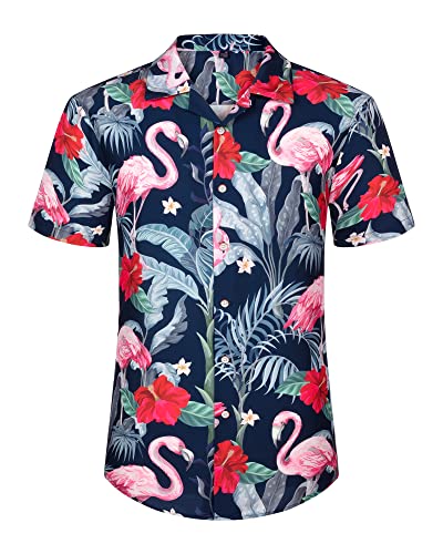 J.VER Herren Hawaiihemd und Hawaii Strandshorts Lässig Flamingo Floral Kurzarm Set Sommer Beach Freizeithemden Strand Surf Shorts für den Urlaub von J.VER