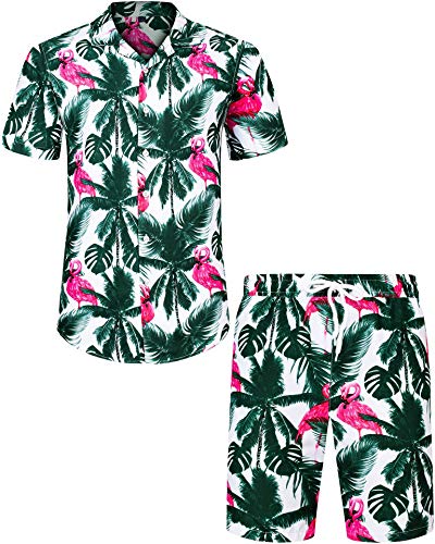 J.VER Herren Hawaiihemden Casual Button Down Kurzarm Shirts Set Bedruckte Shorts Strand Tropische Hawaii Anzüge, A-Weiß-Flamingo, X-Large von J.VER