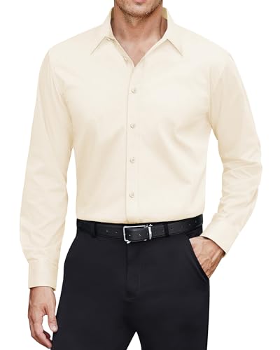 J.VER Herren Hemd Fleckenabweisende Stretch Hemden Baumwolle Langarmshirt Solide Bügelfrei Arbeitshemden Männer,Beige,3XL von J.VER