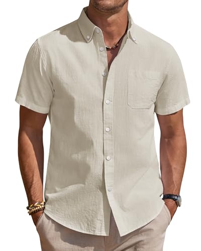 J.VER Leinenhemd Herrenhemd Kurzarm Casual Sommer Kurzarmhemd Button Down Leinen Shirt Urlaub Hochzeit Strandhemd Khaki XXL von J.VER