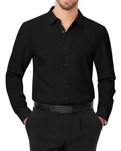 J.VER Herren Hemd Langarm Freizeithemd Regular Fit Businesshemd Modische Büro Oberhemd Geschäftsleute Knitterarm Anzug Hemd,Schwarz,L von J.VER