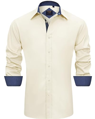 J.VER Herren Hemd Regular Fit Langarm Herrenhemden Freizeithemd Regular Businesshemd Elastiscer Musterhemd,Beige,XXL von J.VER