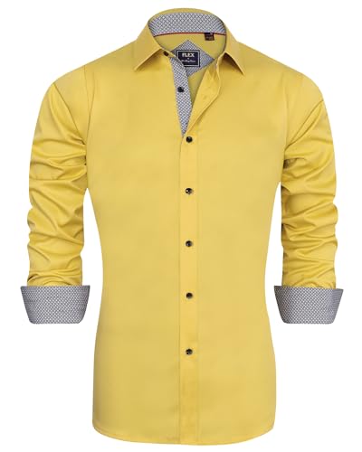 J.VER Herren Hemd Regular Fit Langarm Herrenhemden Freizeithemd Regular Businesshemd elastiscer Musterhemd,Gelb,L von J.VER