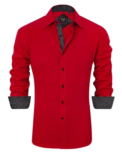 J.VER Herren Hemd Regular Fit Langarm Herrenhemden Freizeithemd Regular Businesshemd elastiscer Musterhemd,Rot,XL von J.VER