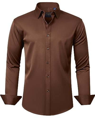 J.VER Herren Kleid Shirts Solide Langarm Stretch Faltenfrei Formal Hemd Business Casual Button Down Shirts, Schokoladenbraun, Klein von J.VER