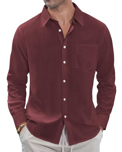 J.VER Herren Leinen Baumwolle Button Down Shirts Leicht Casual Hochzeit Langarm Shirt Sommer Strand Top mit Tasche, Burgunder, 4X-Groß von J.VER