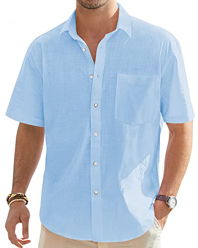 J.VER Herren Leinenhemd Kurzarm Sommerhemd Freizeithemd Kurzarmhemd Men´s Shirt Herren Klassisches Sommer Leinenhemd mit Brusttasche,Azurblau,3XL von J.VER