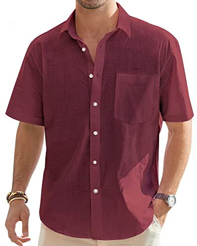 J.VER Herren Leinenhemd Kurzarm Sommerhemd Freizeithemd Kurzarmhemd Men´s Shirt Herren Klassisches Sommer Leinenhemd mit Brusttasche,Bordeauxrot,3XL von J.VER