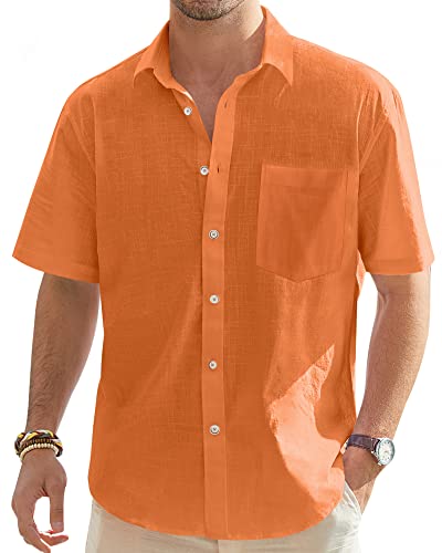 J.VER Herren Leinenhemd Kurzarm Sommerhemd Freizeithemd Kurzarmhemd Men´s Shirt Herren Klassisches Sommer Leinenhemd mit Brusttasche,Orange,3XL von J.VER