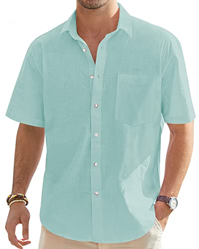 J.VER Herren Leinenhemd Kurzarm Sommerhemd Freizeithemd Kurzarmhemd Men´s Shirt Herren Klassisches Sommer Leinenhemd mit Brusttasche,Graugrün,L von J.VER