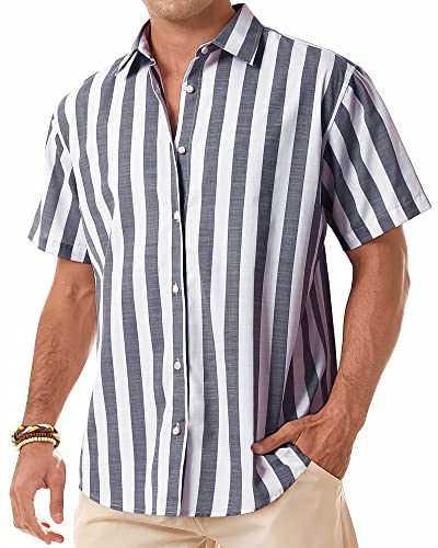 J.VER Herren Leinenhemd Kurzarm Sommerhemd Freizeithemd Kurzarmhemd Men´s Shirt Herren Klassisches Sommer Leinenhemd mit Brusttasche,Navyblau weiß Streifen,L von J.VER