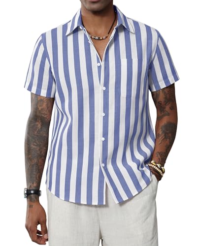 J.VER Herren-Leinenhemden, kurzärmelig, lässig, gestreift, Button-Down-Shirt, für Sommer, Strand, Yoga, Marineblau, 3X-Groß von J.VER