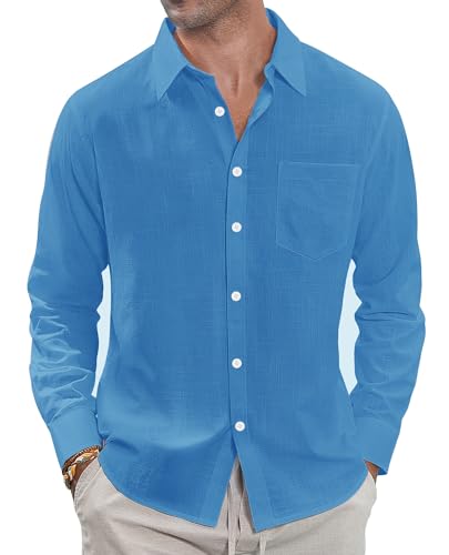 J.VER Herren-Leinenhemden, lässig, Button-Down-Langarmhemd, einfarbig, breiter Kragen, Sommer, Strandhemden mit Tasche, Kobaltblau, XX-Large J.VER Herren-Leinenhemden, lässig, Button-Down-Langarmhemd, einfarbig, breiter Kragen, Sommer, Strandhemden mit Tasche, Kobaltblau, XX-Large von J.VER
