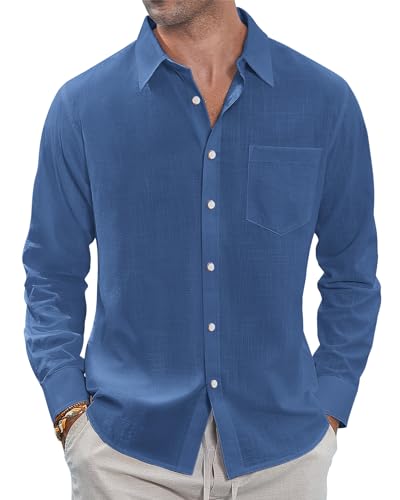 J.VER Herren Leinenhemden Casual Button Down Langarm Hemd Solide Spread Kragen Sommer Strand Shirts mit Tasche, Denim Blau, XX-Large von J.VER