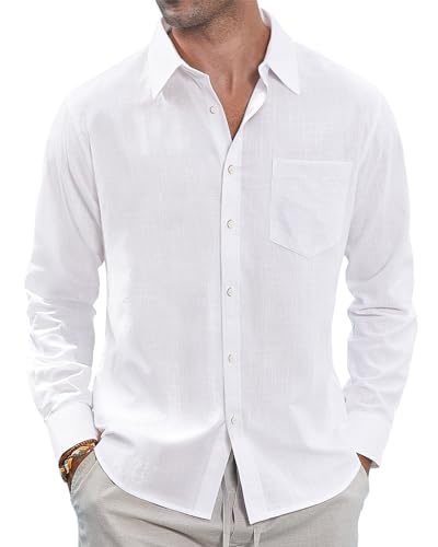 J.VER Herren Leinenhemden Casual Button Down Langarm Hemd Solide Spread Kragen Sommer Strand Shirts mit Tasche, Weiss/opulenter Garten, 4X-Groß von J.VER