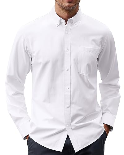 J.VER Herren Oxford Hemd Solid Casual Button Down Kragen Hemden Langarm Kleid Shirts mit Tasche, A-weiß, 3X-Groß von J.VER