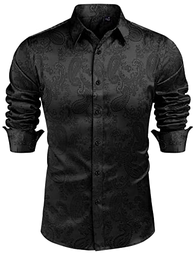 J.VER Herren Seidensatin Langarm Kleid Shirts Glänzend Casual Button Down Shirt Luxus Party Prom Shirts, Paisley-Schwarz, L von J.VER