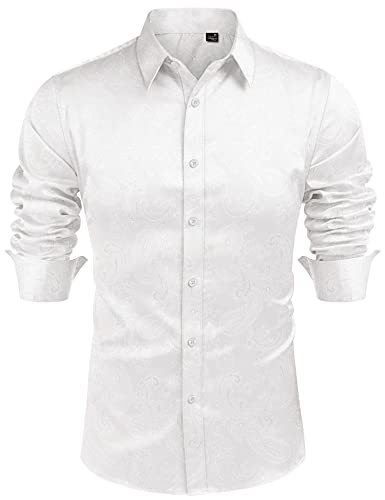 J.VER Herren Seidensatin Langarm Kleid Shirts Glänzend Casual Button Down Shirt Luxus Party Prom Shirts, Paisley-Weiß, Klein von J.VER