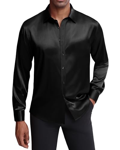 J.VER Herren Seidensatin Langarm Kleid Shirts Glänzend Casual Button Down Shirt Luxus Party Prom Shirts, Schwarz, 6X-Groß von J.VER