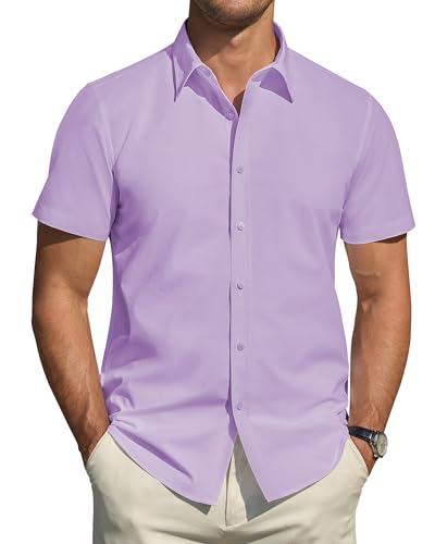 J.VER Herrenhemden, kurzärmelig, Stretch, Fleckenschutz, lässig, Button-Down-Shirt, einfarbig, formelles Hemd, Helles Violett, XX-Large von J.VER