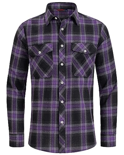 J.VER Kariertes Hemd Flanellhemd Herren Langarmhemd Normal Passform Arbeitshemden Motorrad Biker Outdoor Modern Shirt mit Taschen,Lila Grau Schwarz,XL von J.VER