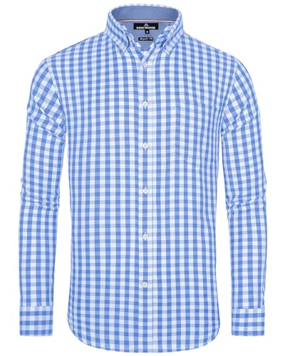 J.VER Herren Hemd Blau Kariert Oberhemden Langarm Bügelfrei Freizeithemd Button Down Baumwolle Hemden Oktoberfest Shirt mit Tasche,Blau Weiß,3XL von J.VER