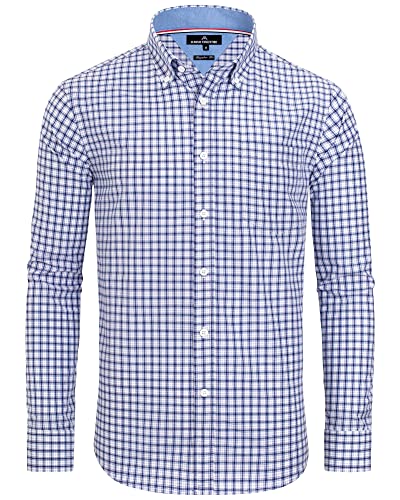 J.VER Kariertes Herren Hemd Bügelfrei Regular Fit Hemd Langarm Trachtenhemd Oktoberfest Button down Hemd Faltenfrei Freizeithemd Karneval Shirt mit Tasche,Blau Weiß Grau,S von J.VER