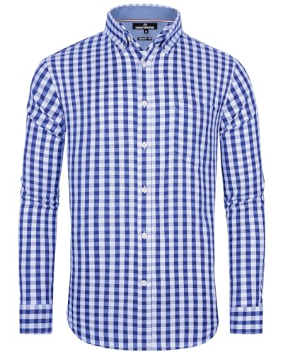 J.VER Herren Hemd Blau Kariert Oberhemden Langarm Bügelfrei Freizeithemd Button Down Baumwolle Hemden Oktoberfest Shirt mit Tasche,Marineblau Weiß,M von J.VER