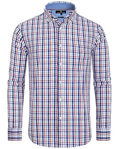 J.VER Tracht Hemd Freizeit Karohemd Button Down Arbeitshemd Traditionelles Männer Hemden Comfort Fit Trekking Langarm Shirt,Rot Blau Weiß,M von J.VER