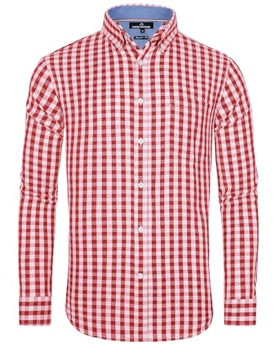 J.VER Kariertes Herren Hemd Bügelfrei Regular Fit Hemd Langarm Trachtenhemd Oktoberfest Button down Hemd Faltenfrei Freizeithemd Karneval Shirt mit Tasche,Rot Weiß,3XL von J.VER