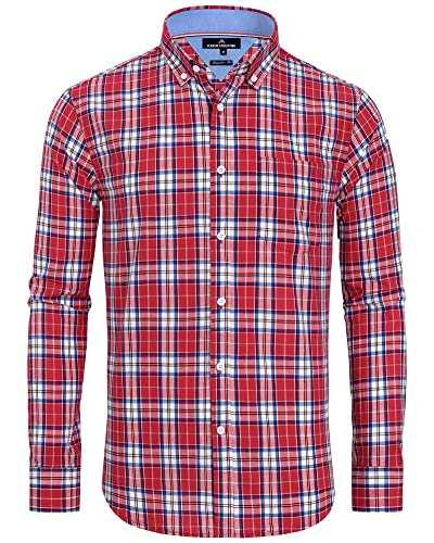 J.VER Kariertes Herren Hemd Bügelfrei Regular Fit Hemd Langarm Trachtenhemd Oktoberfest Button down Hemd Faltenfrei Freizeithemd Karneval Shirt mit Tasche,Rot Weiß Blau,M von J.VER