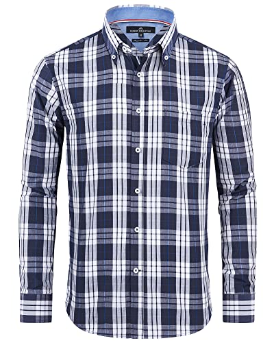 J.VER Herren Hemd Blau Kariert Oberhemden Langarm Bügelfrei Freizeithemd Button Down Baumwolle Hemden Oktoberfest Shirt mit Tasche,Marineblau,L von J.VER