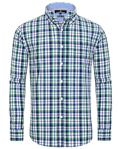 J.VER Karohemd Button Down Oktoberfest Shirt Regular Fit Freizeithemden Faltenfrei Businesshemd Langarm Täglichen Formelle Trachtenhemd,Blau Grün Weiß,XL von J.VER