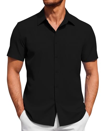J.VER Kurzarmhemd Herren Business Casual Regular Fit Bügelfrei Hemd Knitterfrei Formales Hemd Sommer Strand Button Down Shirt Alle Schwarz L von J.VER