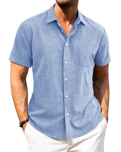 J.VER Kurzarmhemd Herren Sommer Comfort Freizeithemd Bügelfrei Hemden Button down Leinenhemd,Blau,XL von J.VER