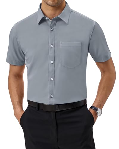 J.VER Kurzarmhemd Herren Sommer Freizeit Regular Fit Bügelleicht Hemden Stretch Formales Anzug Hemd mit Tasche für Büroalltag Feierliche Anlässe Praktikum,Grau,4XL von J.VER