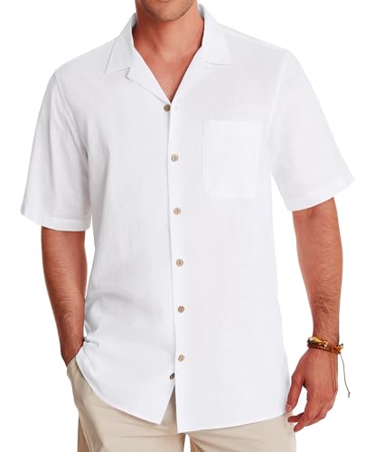 J.VER Leinenhemd Herren Casual Kurzarm Hemd Regular Fit Freizeithemd Businesshemd Kuban Kragen Sommerhemd Beach Shirts mit Brusttasche,Weiß,M von J.VER