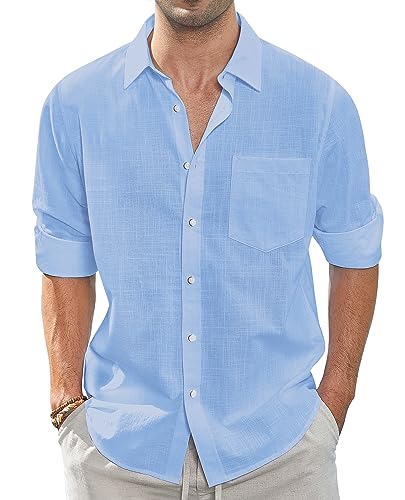 J.VER Leinenhemd Herren Hellblaues Sommerhemd Button Down Freizeithemd Hemd Männer Langarm Regular Fit Oberhemden,Hellblau,L von J.VER