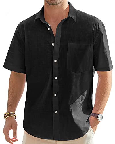 J.VER Leinenhemd Herren Hemd Kurzarm Leinenshirt Freizeithemd Businesshemd Sommer Casual Regular Fit Shirt,Schwarz,4XL von J.VER