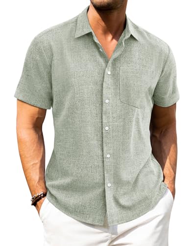 J.VER Leinenhemd Herren Kruzarm Freizeithemd Leichtes Sommerhemd mit Brusttasche für Beach Festlich und Hochzeit,Hellgrün,L von J.VER