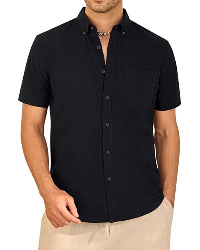 J.VER Leinenhemd Herren Kurzarm Schwarzes Hemd Herren Baumwolle Leinenhemd Frühling Sommer Freizeithemd Regular Fit Casual Shirt,Schwarz,L von J.VER