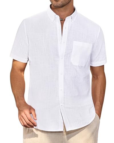 J.VER Kurzarmhemd Herren Leinen Hemden Freizeit Sommerhemd Button Down Hemd Männer Baumwolle Businesshemd Weiß 3XL von J.VER