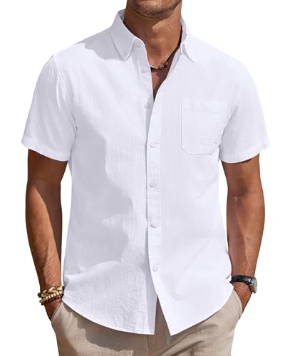 J.VER Hemd Kurzarm Herren Sommer Einfarbig Strand Freizeithemd Bügelfrei Hemden Button down Leinen Shirt Weiß S von J.VER