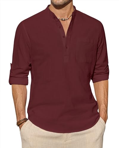 J.VER Leinenhemd Herren Langarm Freizeithemd Henley Sommerhemd Herren Hemd Regular Fit Men Shirts,Bordeauxrot,M von J.VER