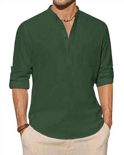 J.VER Leinenhemd Herren Langarm Freizeithemd Henley Sommerhemd Herren Hemd Regular Fit Men Shirts,Grün,L von J.VER