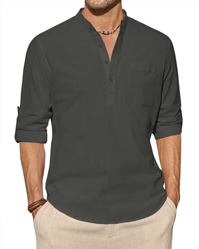 J.VER Leinenhemd Herren Langarm Freizeithemd Henley Sommerhemd Herren Hemd Regular Fit Men Shirts,Braun,3XL von J.VER