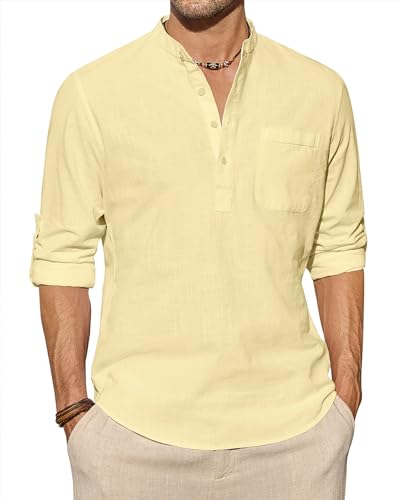 J.VER Leinenhemd Herren Langarm Freizeithemd Henley Sommerhemd Herren Hemd Regular Fit Men Shirts,Gelb,L von J.VER